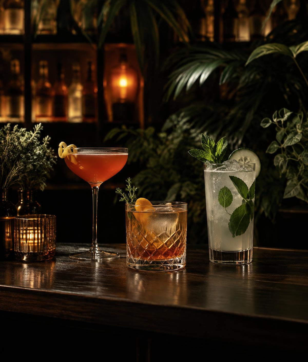 Três drinks autorais sobre o balcão do bar